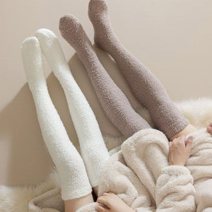 Meias de Veludo Coral Acima do Joelho Meias Femininas de Cano Longo Outono e Inverno Quentes Forradas de Pelúcia Espessas Yuezi Meias para Dormir em Casa