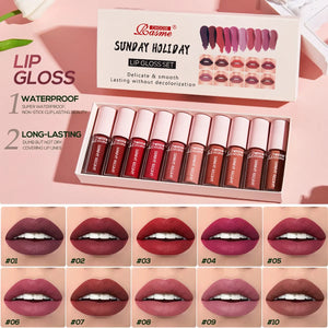 Conjunto de 10 Peças de Gloss Labial Batom de Veludo: Gloss Labial à Prova d'Água e de Longa Duração, Conjunto Hidratante para Mulheres, Presente de Dia dos Namorados