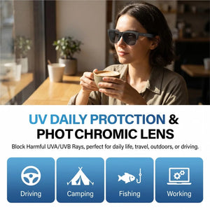 Óculos Inteligentes Fotochromáticos Anti Luz Azul Bluetooth V5.3 Fones de Ouvido para Chamadas HIFI Homens Mulheres Óculos de Sol UV400 Esportes Pesca Trabalho