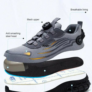 Sapatos de Segurança com Botão Rotativo para Homens, Tênis com Biqueira de Aço, Botas de Trabalho à Prova de Perfuração, Botas de Segurança com Almofada de Ar, Sapatos de Trabalho Esportivos, Botas Antichoque