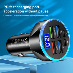 Carregador de Carro PD 66-250W QC3.0 Carregamento Rápido de Um a Seis Plugue de Isqueiro de Carro Carregador de Carro Carregamento Rápido com Display Digital