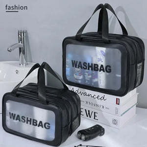 Bolsa de maquiagem dupla transparente PU com separação seca-molhada, bolsa de lavagem portátil, bolsa de armazenamento de cosméticos, essenciais para viagens, fitness e natação.