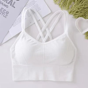 Top de mulher sexy com alças cruzadas nas costas, sutiã esportivo push-up para corrida, respirável, macio, fitness, beleza, cor sólida, sutiã de ioga.