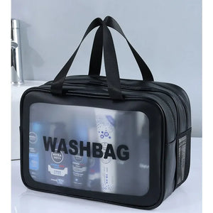 Bolsa de maquiagem dupla transparente PU com separação seca-molhada, bolsa de lavagem portátil, bolsa de armazenamento de cosméticos, essenciais para viagens, fitness e natação.