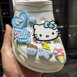 Decorações de Tamancos de Cartoon Hello Kitty DIY Série Azul, Charms de Sapatos, Fivelas, Acessórios Destacáveis para Meninas e Mulheres, Presentes de Natal