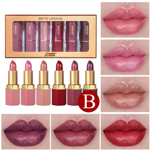 Batom em Tubo Dourado com 6 Cores, Textura Matte, Brilho Perolado, Batom de Veludo para o Dia dos Namorados, 6PCS
