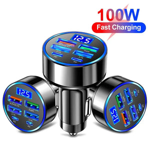 Carregador de Carro PD 66-250W QC3.0 Carregamento Rápido de Um a Seis Plugue de Isqueiro de Carro Carregador de Carro Carregamento Rápido com Display Digital