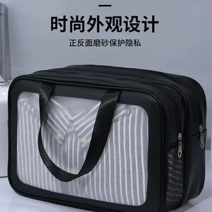 Bolsa de maquiagem dupla transparente PU com separação seca-molhada, bolsa de lavagem portátil, bolsa de armazenamento de cosméticos, essenciais para viagens, fitness e natação.