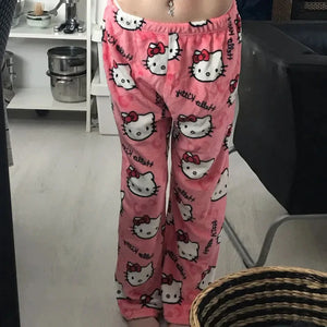 Calças de Pijama Y2K Hello Kitty Sanrio Anime Calças de Pijama Femininas Casal de Desenho Animado Roupas de Dormir para Casa Calças de Lazer Roupas para Casa