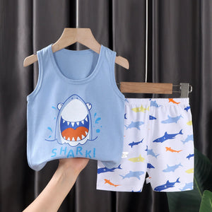 Conjunto de Roupas para Crianças 2PCS Coleção de Verão Camisetas de Algodão Calças Curtas Sem Mangas para Meninos e Meninas Roupas para Bebês