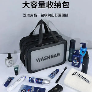 Bolsa de maquiagem dupla transparente PU com separação seca-molhada, bolsa de lavagem portátil, bolsa de armazenamento de cosméticos, essenciais para viagens, fitness e natação.