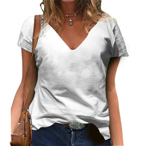Camiseta V-neck estampada Blessed, casual, de manga curta, Moda Feminina Streetwear, Oversized V-Neck