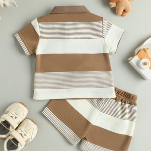 Conjunto de Verão para Crianças: Camiseta Curta Listrada com Estampa de Urso de Pelúcia e Calças Curtas para Meninos, Conjunto Casual Esportivo de Duas Peças