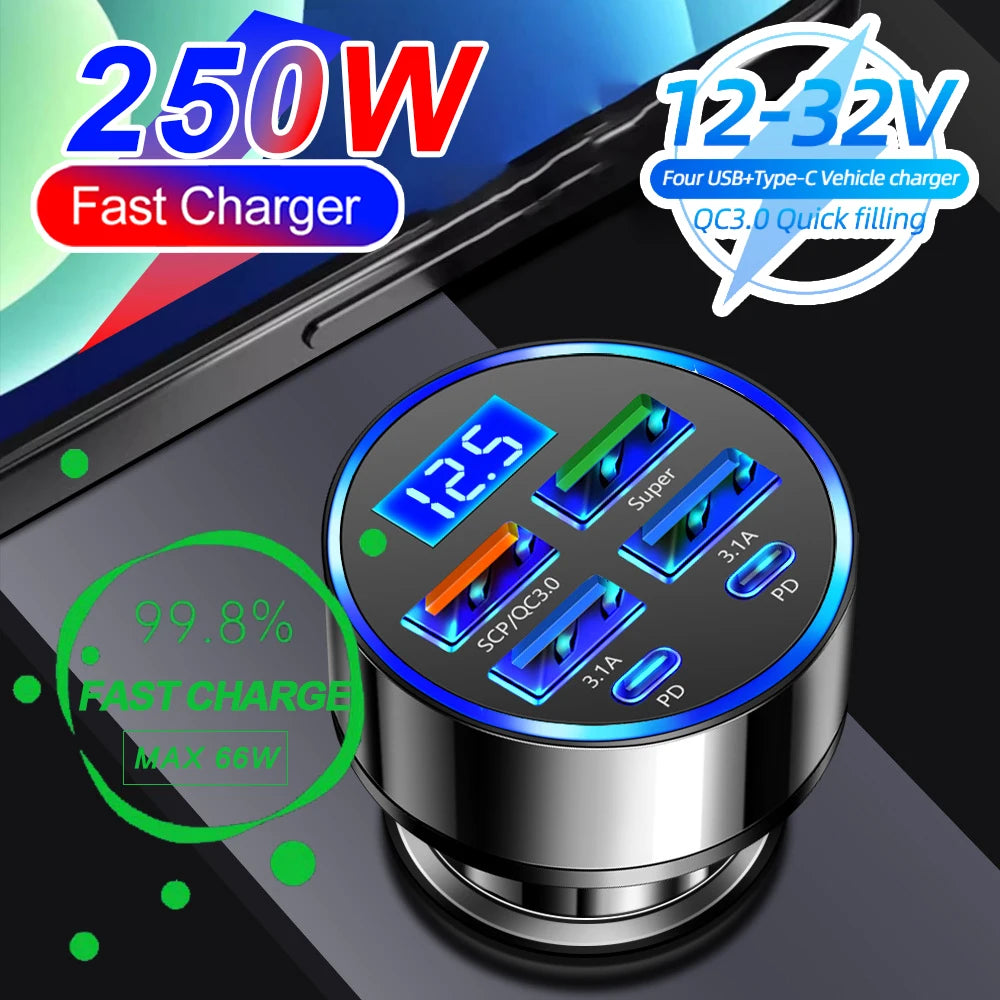 Carregador de Carro PD 66-250W QC3.0 Carregamento Rápido de Um a Seis Plugue de Isqueiro de Carro Carregador de Carro Carregamento Rápido com Display Digital