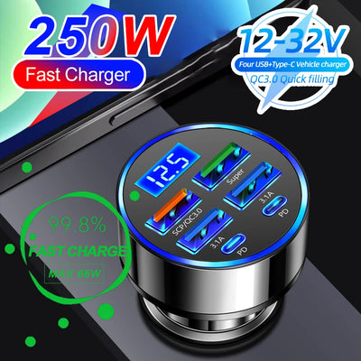 Carregador de Carro PD 66-250W QC3.0 Carregamento Rápido de Um a Seis Plugue de Isqueiro de Carro Carregador de Carro Carregamento Rápido com Display Digital