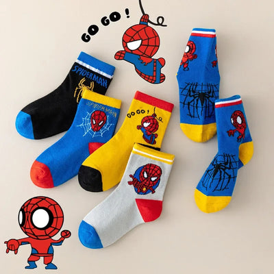 5 Pares de Meias Infantis MARVEL Spiderman Kawaii Meias de Anime Macias Meias para Meninos Meias de Tubo Médio Cartoon Meias para Bebês 1-12 Anos