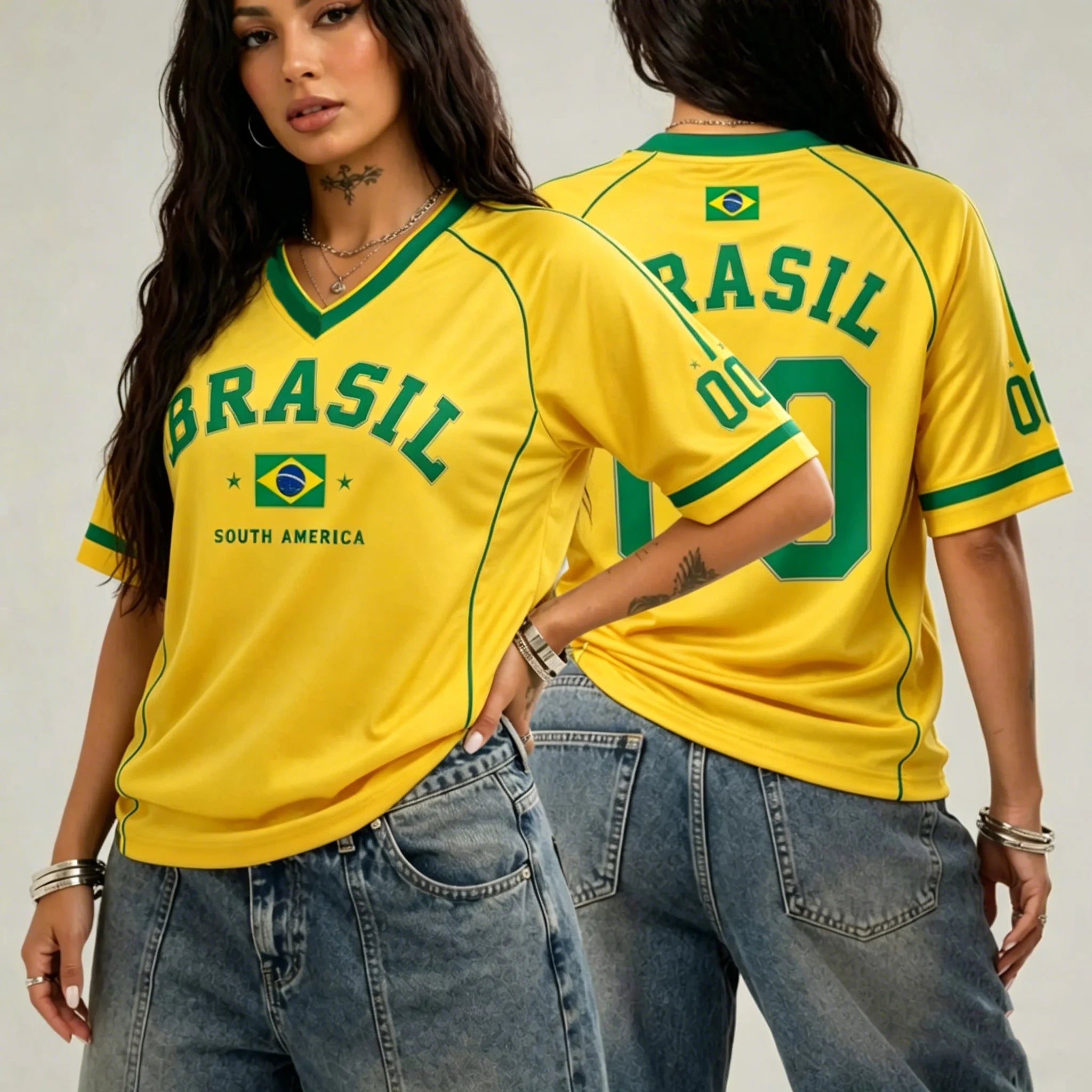 Camiseta Feminina Brasil 00 Estampada Decote em V Manga Curta Verão Gráfica Jersey Plus Size Camiseta Esportiva