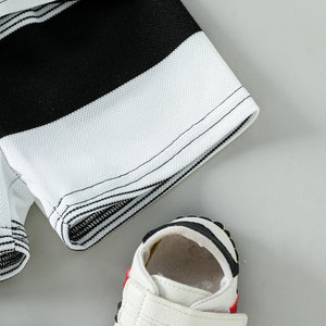 Conjunto de Verão para Crianças: Camiseta Curta Listrada com Estampa de Urso de Pelúcia e Calças Curtas para Meninos, Conjunto Casual Esportivo de Duas Peças