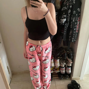 Calças de Pijama Y2K Hello Kitty Sanrio Anime Calças de Pijama Femininas Casal de Desenho Animado Roupas de Dormir para Casa Calças de Lazer Roupas para Casa
