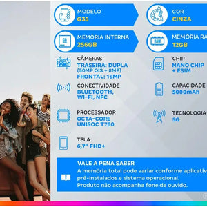 Smartphone Motorola Moto G35 256GB Cinza 5G 12GB RAM 5G 6,7 "Câmera. Dual + 16MP Selfie