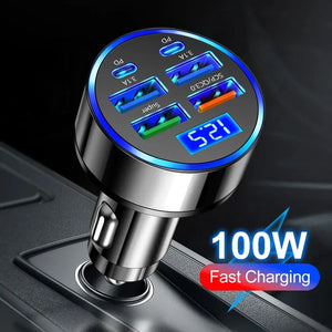 Carregador de Carro PD 66-250W QC3.0 Carregamento Rápido de Um a Seis Plugue de Isqueiro de Carro Carregador de Carro Carregamento Rápido com Display Digital
