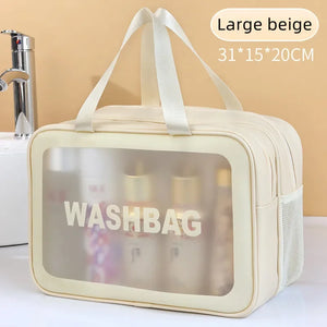 Bolsa de maquiagem dupla transparente PU com separação seca-molhada, bolsa de lavagem portátil, bolsa de armazenamento de cosméticos, essenciais para viagens, fitness e natação.