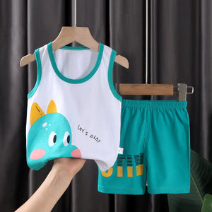 Conjunto de Roupas para Crianças 2PCS Coleção de Verão Camisetas de Algodão Calças Curtas Sem Mangas para Meninos e Meninas Roupas para Bebês