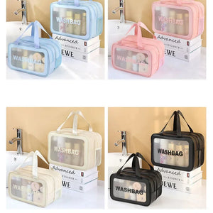 Bolsa de maquiagem dupla transparente PU com separação seca-molhada, bolsa de lavagem portátil, bolsa de armazenamento de cosméticos, essenciais para viagens, fitness e natação.