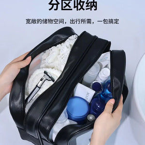Bolsa de maquiagem dupla transparente PU com separação seca-molhada, bolsa de lavagem portátil, bolsa de armazenamento de cosméticos, essenciais para viagens, fitness e natação.