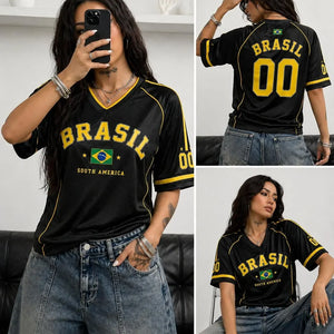 Camiseta Feminina Brasil 00 Estampada Decote em V Manga Curta Verão Gráfica Jersey Plus Size Camiseta Esportiva