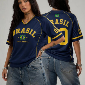 Camiseta Feminina Brasil 00 Estampada Decote em V Manga Curta Verão Gráfica Jersey Plus Size Camiseta Esportiva