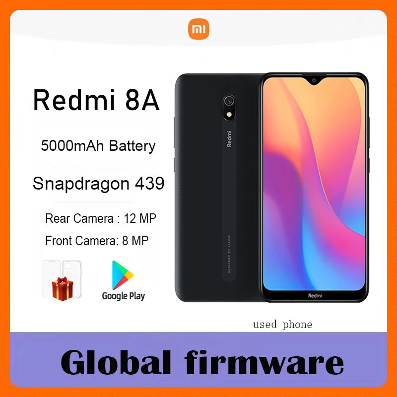 Firmware global Xiaomi Redmi 8A smartphone 4G 64G 5000mAh 6.22 polegadas Snapdragon 439 12MP 18W Reconhecimento facial telefone usado