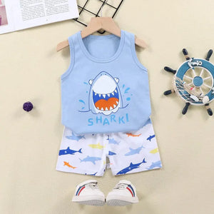 Conjunto de Roupas para Crianças 2PCS Coleção de Verão Camisetas de Algodão Calças Curtas Sem Mangas para Meninos e Meninas Roupas para Bebês