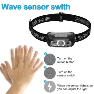 Lanterna de Cabeça de Luz Forte Mini LED Pesca Noturna Lanterna Poderosa Lanterna de Cabeça para Camping ao Ar Livre à Prova d'Água Portátil com Sensor LED