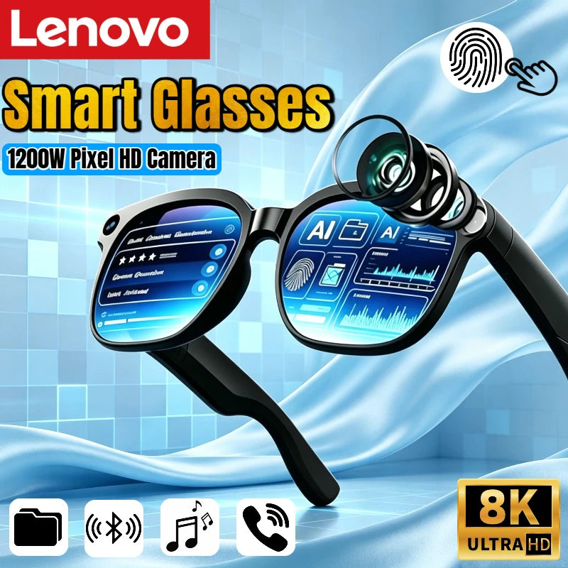 Lenovo Smart Glasses 8K HD Controle por Toque Câmera Gravação Chamada Bluetooth Assistente de Voz Tradutor Óculos AI para Adultos Novo