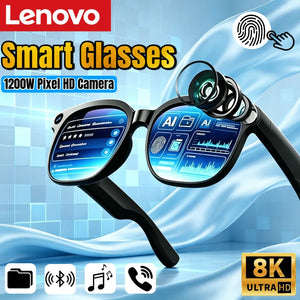 Lenovo Smart Glasses 8K HD Controle por Toque Câmera Gravação Chamada Bluetooth Assistente de Voz Tradutor Óculos AI para Adultos Novo