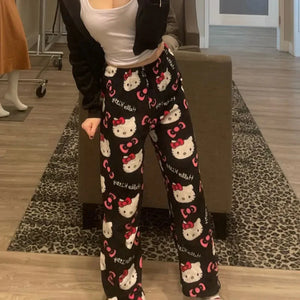 Calças de Pijama Y2K Hello Kitty Sanrio Anime Calças de Pijama Femininas Casal de Desenho Animado Roupas de Dormir para Casa Calças de Lazer Roupas para Casa