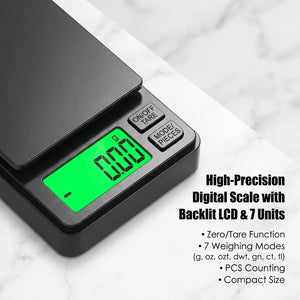 Balança de Precisão Digital de Bolso 1000g X 0,01g com LCD Retroiluminado Miniatura para Medição de Alimentos, Joias, Onças/Grãos para Viagem