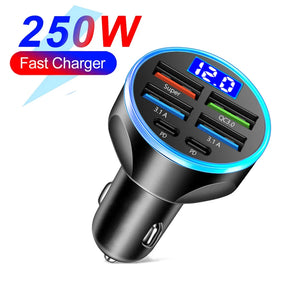 Carregador de Carro PD 66-250W QC3.0 Carregamento Rápido de Um a Seis Plugue de Isqueiro de Carro Carregador de Carro Carregamento Rápido com Display Digital