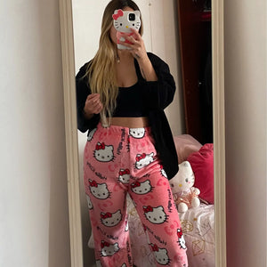 Calças de Pijama Y2K Hello Kitty Sanrio Anime Calças de Pijama Femininas Casal de Desenho Animado Roupas de Dormir para Casa Calças de Lazer Roupas para Casa