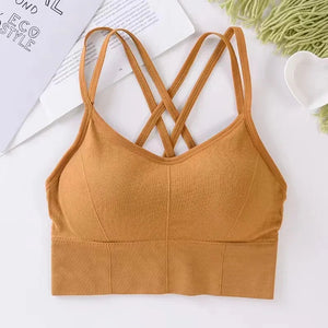 Top de mulher sexy com alças cruzadas nas costas, sutiã esportivo push-up para corrida, respirável, macio, fitness, beleza, cor sólida, sutiã de ioga.