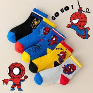 5 Pares de Meias Infantis MARVEL Spiderman Kawaii Meias de Anime Macias Meias para Meninos Meias de Tubo Médio Cartoon Meias para Bebês 1-12 Anos