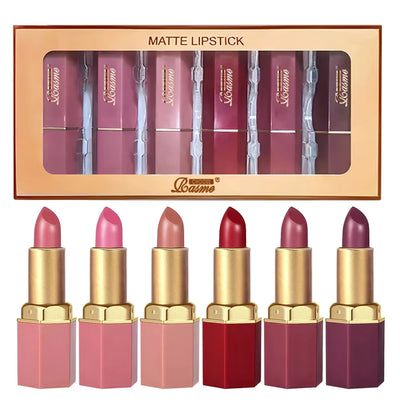 Batom em Tubo Dourado com 6 Cores, Textura Matte, Brilho Perolado, Batom de Veludo para o Dia dos Namorados, 6PCS