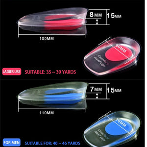1 Par de palmilhas de gel de silicone para homens e mulheres, almofadas inteiras, alívio da dor nos pés, suporte para esporão, palmilhas para sapatos de salto alto