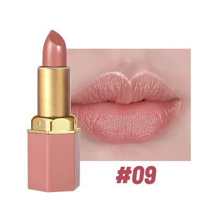 Batom em Tubo Dourado com 6 Cores Textura Matte Brilho Perolado Batom de Veludo Presente de Dia dos Namorados 1PCS