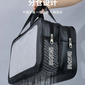Bolsa de maquiagem dupla transparente PU com separação seca-molhada, bolsa de lavagem portátil, bolsa de armazenamento de cosméticos, essenciais para viagens, fitness e natação.