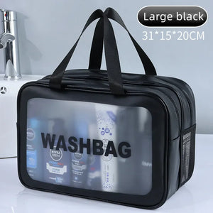 Bolsa de maquiagem dupla transparente PU com separação seca-molhada, bolsa de lavagem portátil, bolsa de armazenamento de cosméticos, essenciais para viagens, fitness e natação.