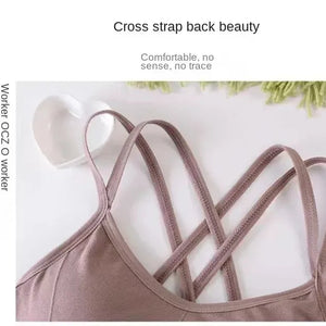 Top de mulher sexy com alças cruzadas nas costas, sutiã esportivo push-up para corrida, respirável, macio, fitness, beleza, cor sólida, sutiã de ioga.