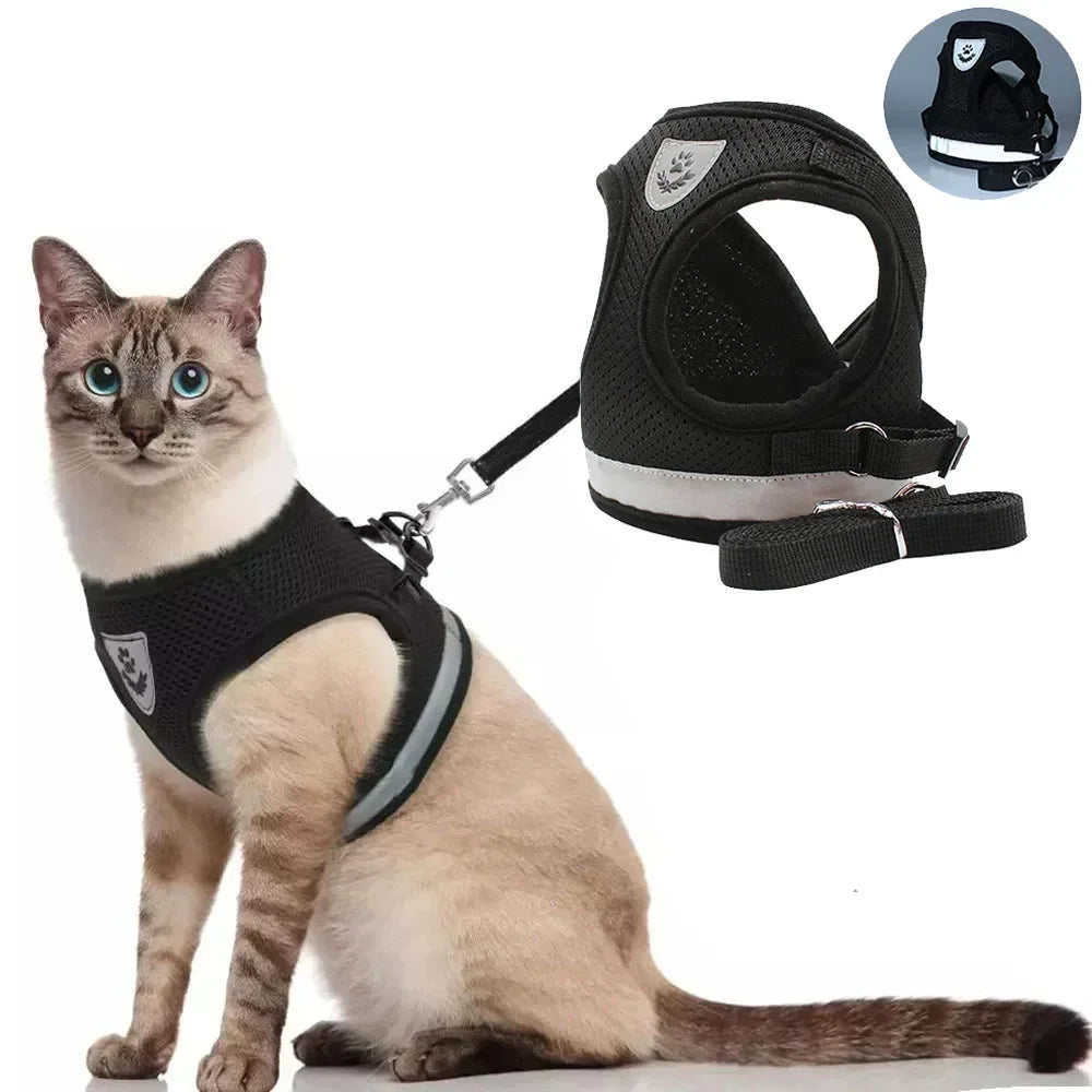 Conjunto de Coleira e Guia para Gato Ajustável Refletiva à Prova de Fuga Colete de Malha para Animais de Estimação Coleira para Filhote de Cachorro Pequeno Gato Suprimentos para Animais de Estimação