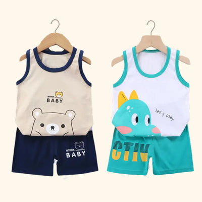 Conjunto de Roupas para Crianças 2PCS Coleção de Verão Camisetas de Algodão Calças Curtas Sem Mangas para Meninos e Meninas Roupas para Bebês
